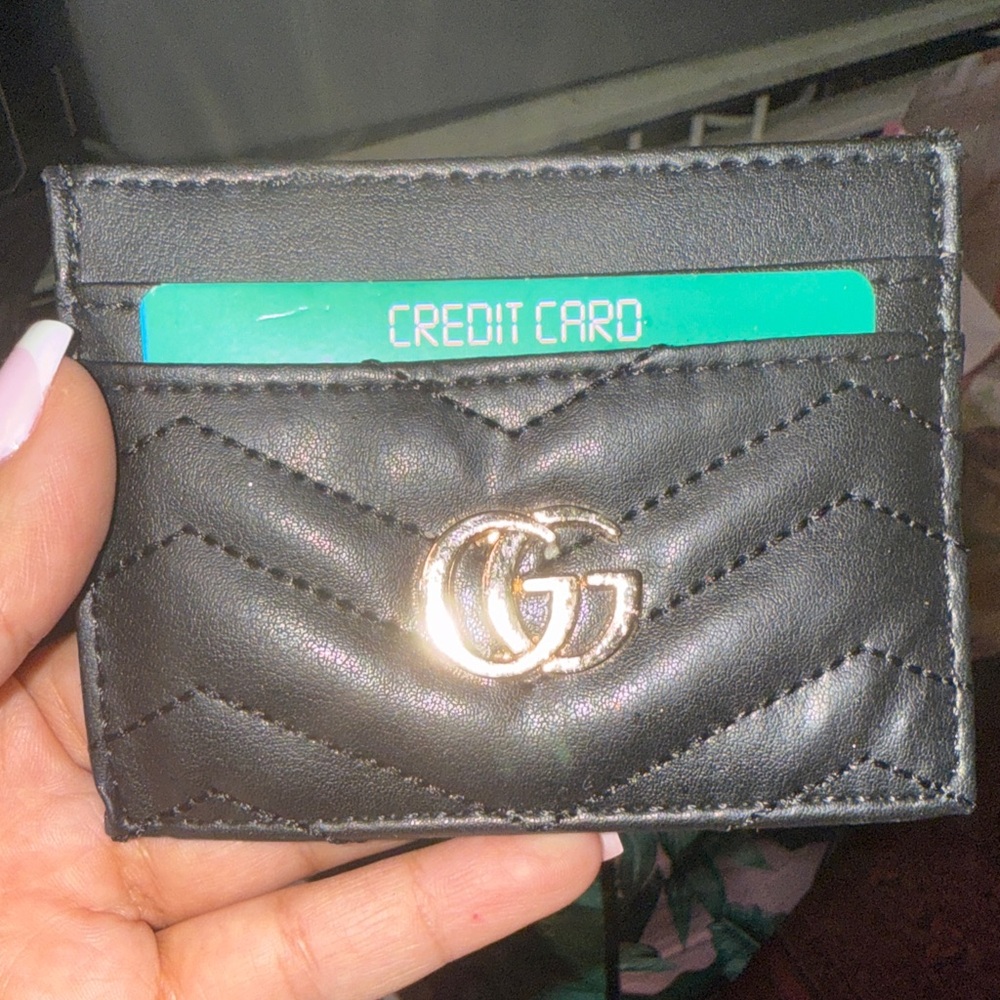Black Quilted Leather Card Holder with Gold Logo